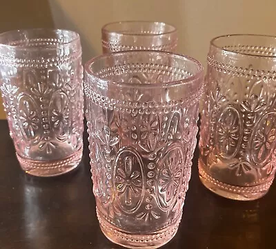 Buy Heavy Pink Pressed Glass Beautiful Lot 4 Vtg Inspired Drinking Glass By Pier 1 • 19.18£