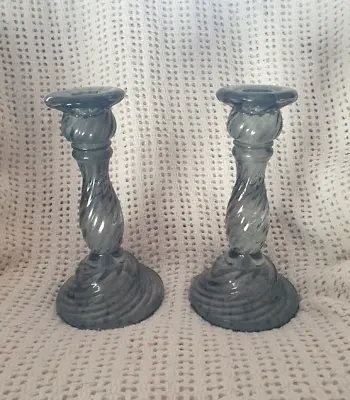 Buy 2x Blue Green Heavy Glass Swirl Patterned Circular Candlestick Holders, 8x4 Inch • 14.95£
