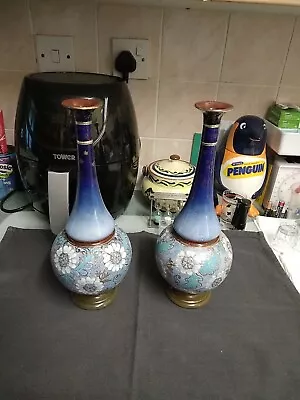 Buy Pair Of Enamelled Stoneware Vases By Royal Doulton Art Nouveau  12.5 Inches • 350£