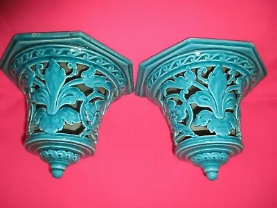 Buy Pair Of Rare  French  Gien Turquoise  Ceramic Wall Brackets • 128£