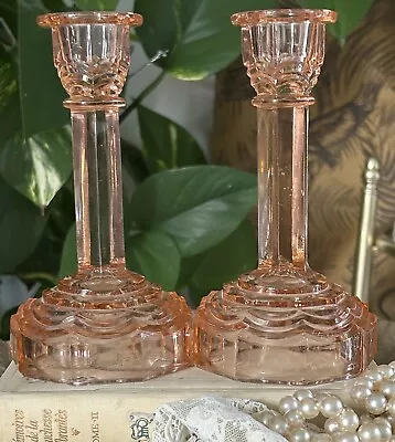 Buy Pair Vintage Pink Peach Glass Candlesticks Boudoir Chic Dressing Table Art Deco • 29£