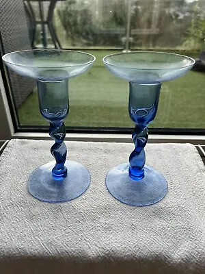 Buy Blue Glass Elegant Candleholders X 2  Aprox 6.5”, Good Condition • 5.99£