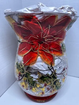 Buy Poinsettia Crackle Glass Candle Holder Vase Red Gold Green Large Hurricane Size • 23.30£