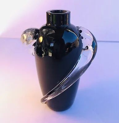 Buy Vintage Art Black Amethyst Glass Vase W Clear Glass Overlay Swirl Two's Company • 25.07£
