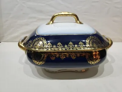 Buy Antique Serving Bowl & Lid Square Cobalt Blue Gold M Redon Limoges France 1880 1 • 194.57£
