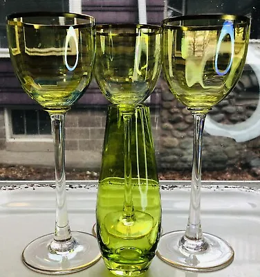 Buy 1960 Boho Green Iridescent Wine Stemless Flute Gold Trim Glass Czech Set Of 4 • 37.94£