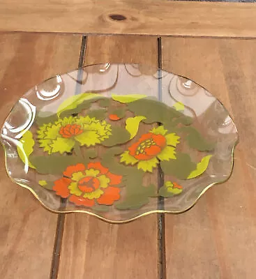 Buy Vintage Retro Glass Plate. Wavy Edge Serving Plate 25 Cm Green& Orange Floral • 12£