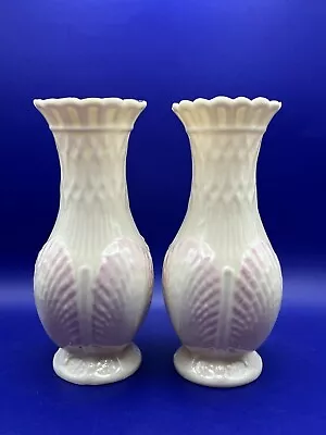 Buy Two Large Belleek Irish Porcelain Ribbed Vases (1980s/90s) 19 Cm High • 11.98£