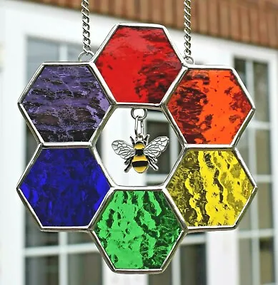 Buy Stained Glass Rainbow Honeycomb Flower With Bumble Bee Charm Made In England • 33.50£
