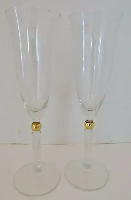Buy 2 Art Glass Champagne Flute Glasses-Clear W/Gold Ball Stem-Romania- 9 1/4 -EUC • 4.68£