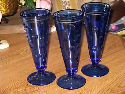 Buy 3 Cobalt Blue Depression Glass Thumb Print Ice Cream Parfait Footed Glasses • 38.37£
