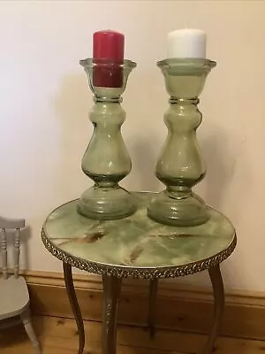 Buy Matching Pair Huge Heavy Mid-Late 20th Century Green Glass Candlestick Holders  • 26.50£