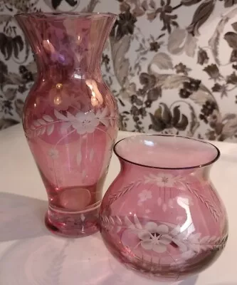 Buy Vintage Cranberry Raspberry Pearlised Hand Edged Glass Vase Candle Holder Set  • 14£