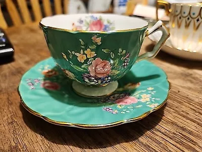 Buy Vintage  AYNSLEY Bone China England  Green & Floral Tea Cup & Saucer Set • 28.45£