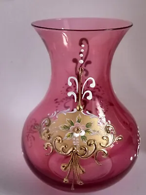 Buy Beautifil Cranberry Glass Vase With Gold Decoration • 10£