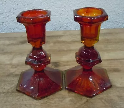 Buy Pair Vintage Glass Amberina Candlesticks ~ Unbranded ~ Bright Color • 30.31£