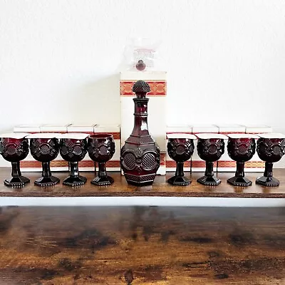 Buy Avon 1876 Cape Cod Ruby Red Glass Wine Decanter W/8 Wine Goblets +Boxes Empty • 66.40£
