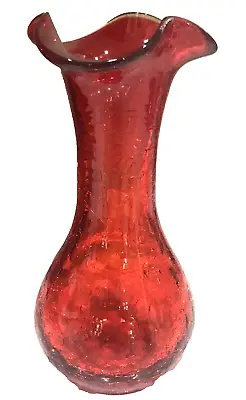 Buy Hand Blown Red Crackle Glass Vase Pinched Ruffled Edge 7” Tall Fall Holidays • 19.29£