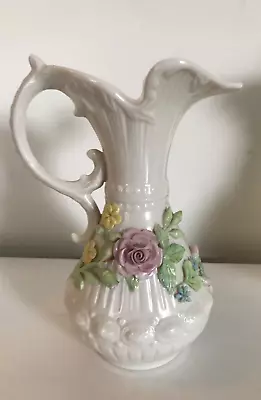Buy Belleek Porcelain Floral Jug Vase Raised SD Roses Cottage Core Shabby Chic • 14.50£