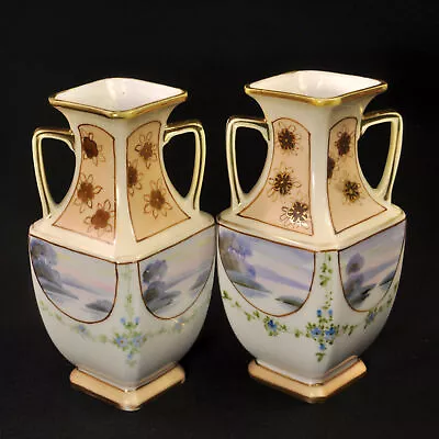 Buy Nippon Pair Vases 2 Handles M-in-Wreath Hand Painted Lake Scenes HTF 1911-1918 • 159.23£