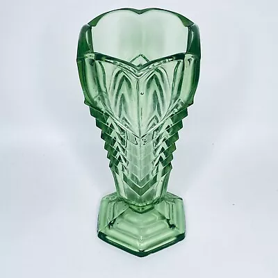 Buy Green Glass Art Deco Vase Chevron Pattern Vintage 21 Cm Tall • 25£