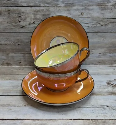 Buy Vintage Art Nouveau Teacups And Saucers Orange Lusterware With Platinum Czech  • 27.99£
