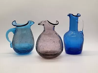 Buy Crackle Glass Trio Blues & Amethyst Vases Pitchers  Vintage  • 15.37£