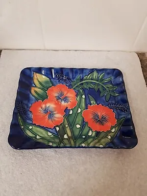 Buy Old Tupton Ware Red Hibiscus Pattern On Dark Blue Trinket Tray 5.75 X 4.5 In • 12£