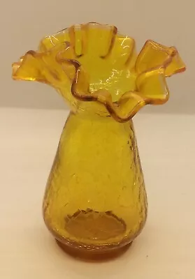 Buy Vintage Hand Blown Amber Crackle Glass Vase Ruffled Edge MCM • 23.63£