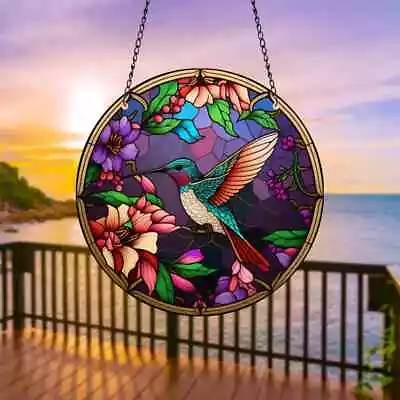Buy Hummingbird Round Sun Catcher Stained Glass Effect Painted Hanging Decor 15cm • 8.54£