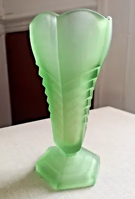 Buy Antique Art Deco Davidson? Chevron Vase Green Frosted Glass 1930s Design Nice  • 15£