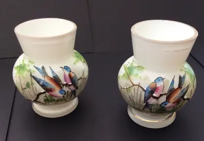 Buy Victorian White Glass Vases Pair - Hand-enamelled With Birds (Bristol Bohemian?) • 25£