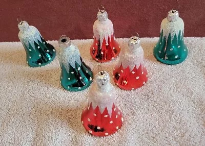 Buy Lot Of 6 West Germany Blown Glass Snow Capped Mica Bell Christmas Ornaments • 27.94£