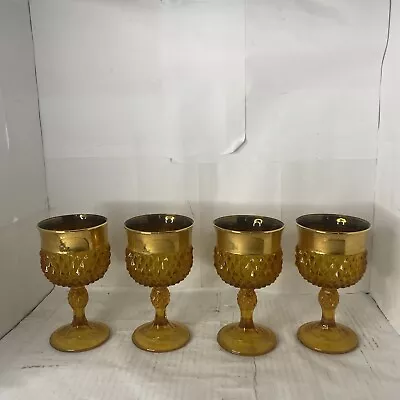 Buy Set Of 4 Vintage 1970s Indiana Glass Amber Gold Rim Diamond Point Goblet Glasses • 38.35£
