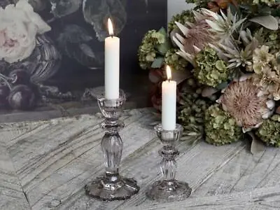 Buy 1 Taupe Grey Coloured Glass Lace Edge Candlestick, Dinner Candle Holder, H15.5cm • 15£
