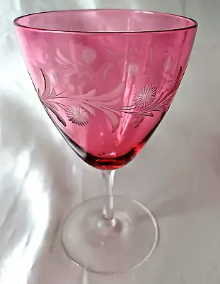Buy A Cranberry On Clear Overlay Engraved Ovoid Bowl Wine Glass/Glasses  E20thC • 15£