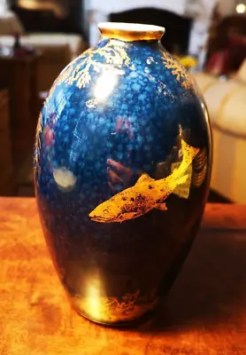 Buy George Jones Antique Crescent Ware Cobalt Blue Fish Motif Vase VGC • 29£