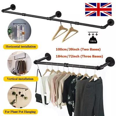 Buy 100/184cm Industrial Pipe Clothing Rack Wall Mount Clothes Rail Hanging Display • 36.99£
