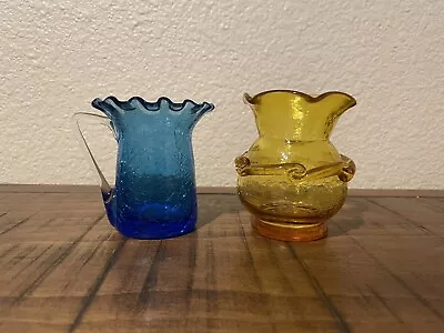 Buy 2 Vintage Rainbow Hand Blown Crackle Glass Mini Vases 1960’s Yellow Blue *Glows* • 15.37£