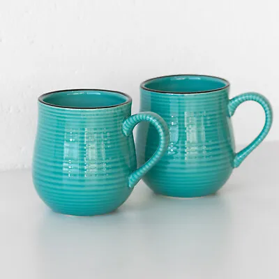 Buy Set Of 4 Large Aqua Blue Glazed Mugs Ribbed Stoneware Tea Coffee Soup Barrel Cup • 38£