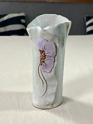 Buy Vintage Floral Studio Art Pottery SLAB ROLLED VASE Purple Flower - Artist Signed • 37.89£