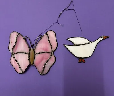 Buy 2 Small. Stained Glass Suncatchers, Swan And Butterfly Each One 4 1/2 Inch Wide • 6£