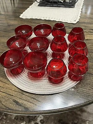 Buy Vintage Mid Century Ruby Red Glassware Set Liquor And Custard Cups 12 Total • 33.21£