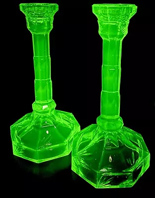 Buy Tall Pair VINTAGE ART DECO GREEN GLASS Candlesticks Original 1930s Uranium Glass • 34£