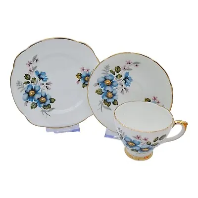 Buy Delphine Bone China Cup Saucer Plate Trio Blue And Purple Floral Pattern C1940 • 9.99£