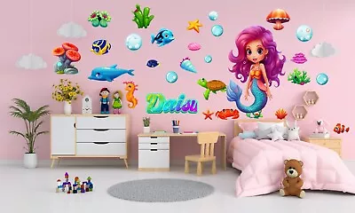 Buy 3D Mermaid Personalised Wall Stickers Set Nursery Kids Girl Room Wall Decals MS4 • 17.50£