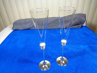 Buy Vera Wang Wedgwood With Love Crystal Toasting Flutes Glasses Pair Silver ~ EUC • 43.23£