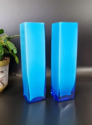 Buy Pair Vintage Retro Mcm Blue Column Vases Cased 8in Tall 1970s Style • 24.99£