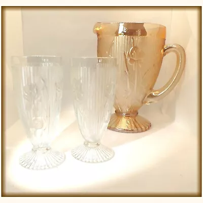 Buy Vintage  WATER JUG 1.25L IRIS Pattern Golden Lustre Depression Glass +2 Tumblers • 12.75£