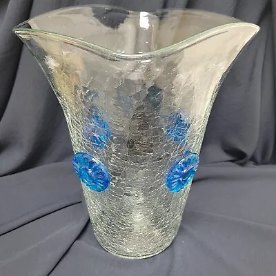 Buy Blenko MCM Clear Crackle Art Vase 4 Blue Rosettes 12  Tall • 134.15£